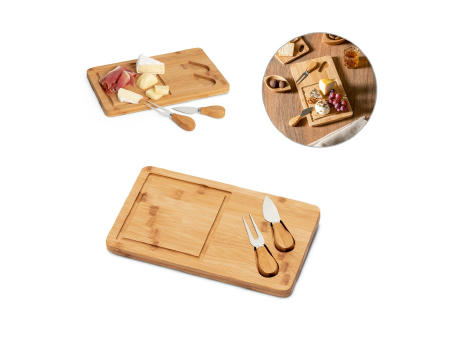 WOODS. Käsebrett aus Bambus mit 2 Utensilien aus Edelstahl Werbeartikel