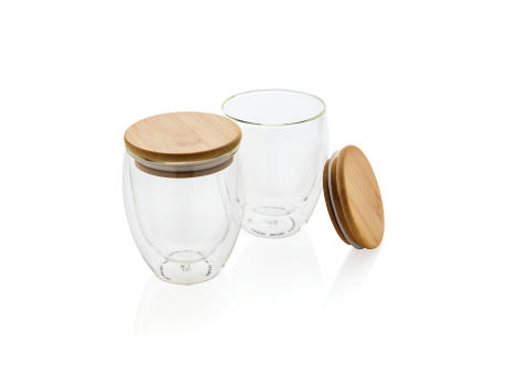 2-tlg Set Borosilikatgläser mit Bambusdeckel 250ml bedrucken