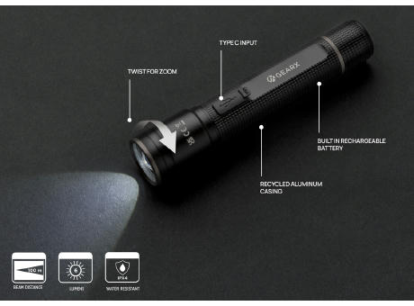 Gear X Taschenlampe aus RCS recycelt. Aluminium mit USB-Akku Werbeartikel