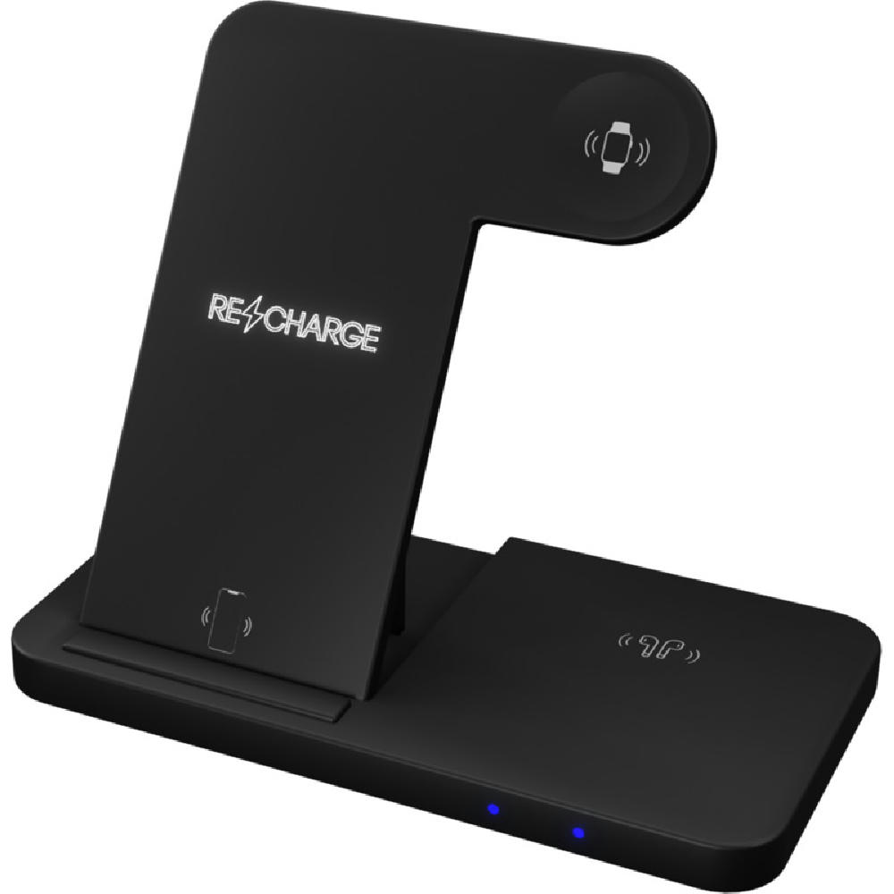 Product image SCX.design W28 kabellose 3-in-1 Ladestation kabellos mit Telefonständer und Leuchtlogo Werbeartikel