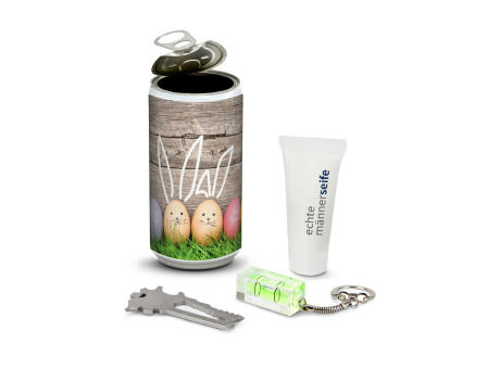 Product image Geschenkset / Präsenteset: Männer-Geheimnis Ostern, das Nest in der Dose - Etikett Frohe Ostern - EierWiese Werbeartikel