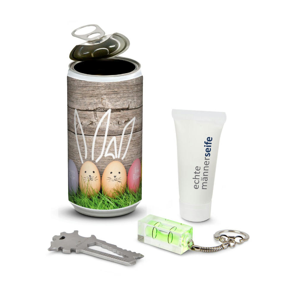 Product image Geschenkset / Präsenteset: Männer-Geheimnis Ostern, das Nest in der Dose - Etikett Frohe Ostern - EierWiese Werbeartikel