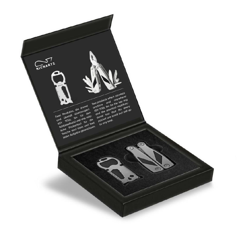 RICHARTZ BEST FRIENDS travel and work: Geschenkset aus Flaschenöffner-Tool und Multitool-Zange in schwarzer Box