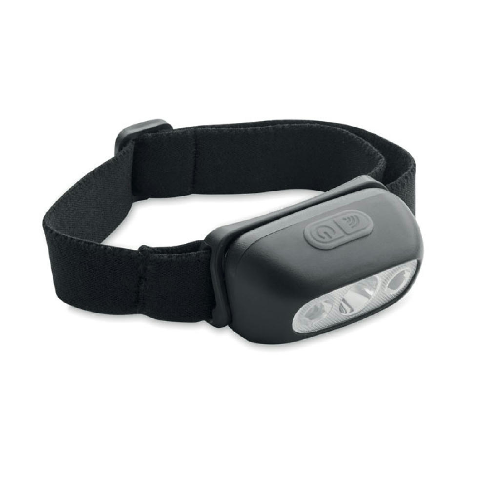 Product image Schwarze LED Stirnlampe mit flachem Gehäuse und Kopfband – Stirnlampe als Werbeartikel für Outdoor