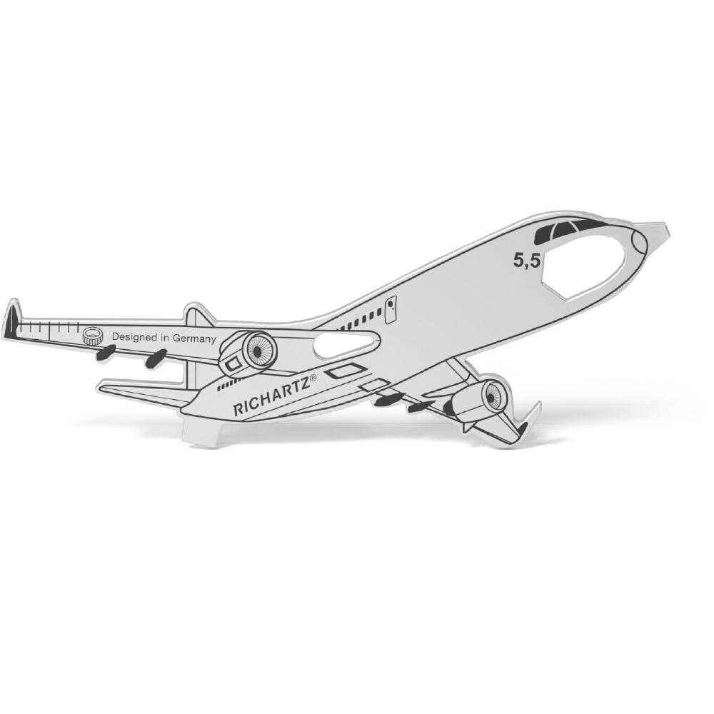 RICHARTZ SHAPE TOOL plane: Flaschenöffner in Flugzeugform mit Lineal und Sechskantschlüssel – Werbeartikel mit Logo