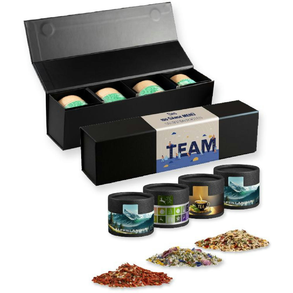 Product image verschiedene Gewürzmischungen (Kategorie 2), ca. 40-160g, Geschenk-Set Premium schwarz mit Magnetverschluss und 4 Kraftpapierdosen Mini Werbeartikel