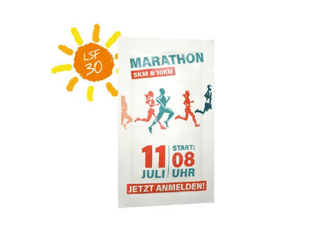 10 ml Sonnenmilch LSF 30 sensitiv (Sachet) - Soft Touch Print bedrucken
