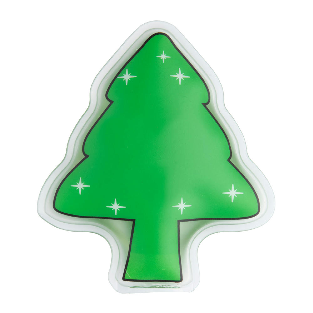 Grünes Wärmekissen Treby in Tannenbaumform mit Sternen – weihnachtlicher Handwärmer mit Logo