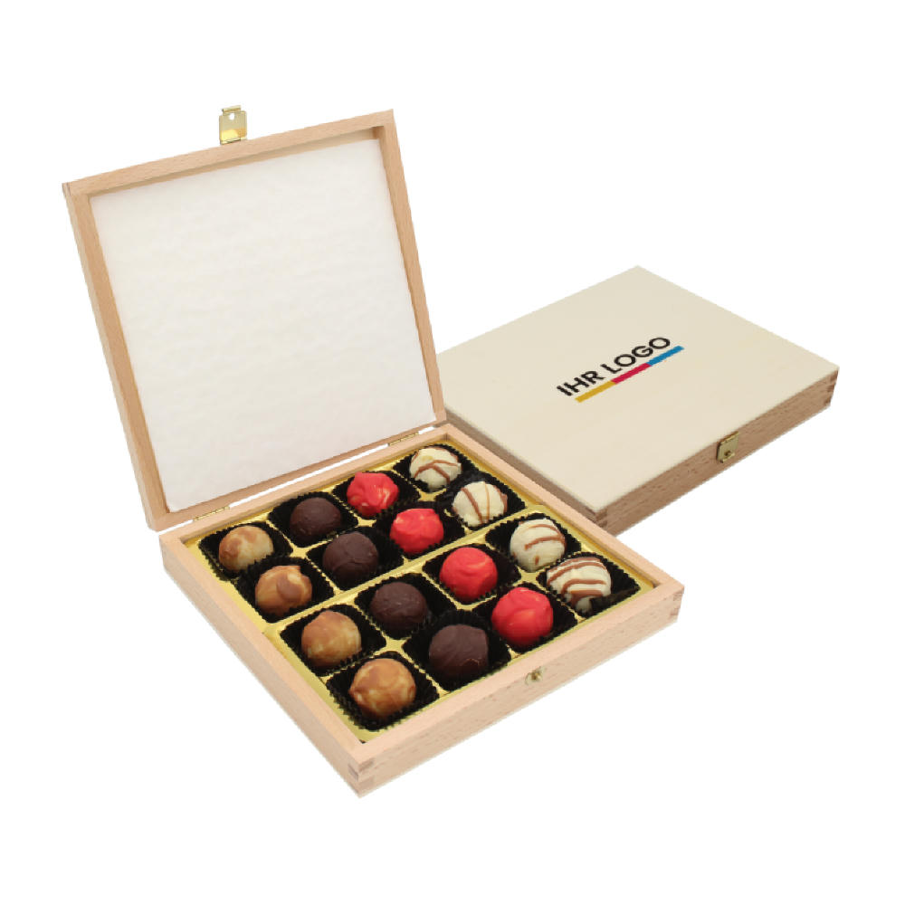 Pralinenbox Holz 16er bedruckter Deckel Werbeartikel