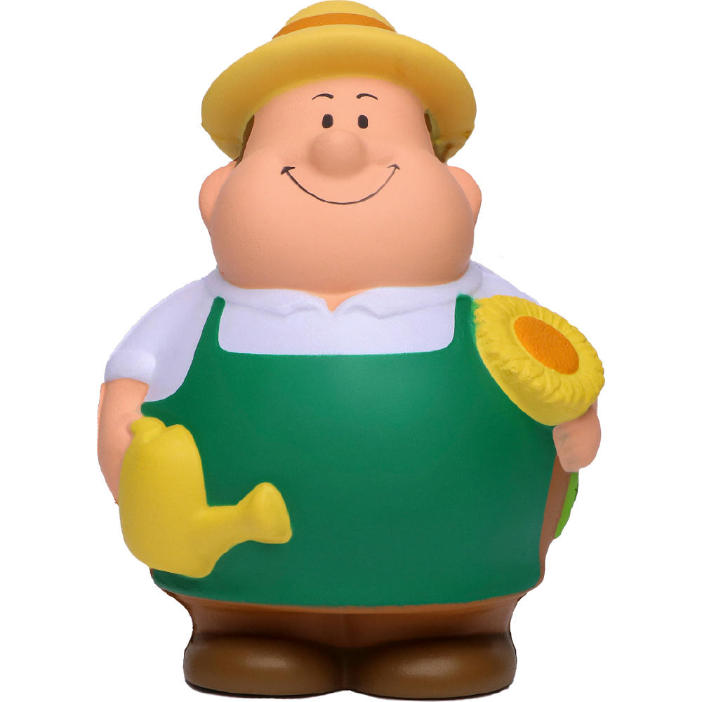 Product image Gärtner Bert mit Strohhut, grüner Schürze, Gießkanne und Sonnenblume – Anti-Stress-Figur mit Logo für Gartencenter