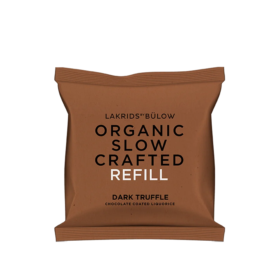 Bio-Schoko-Lakritz Dark Truffle Refill Lakrids by Bülow, 265 g Bio-Schoko-Lakritz Dark Truffle Refill Lakrids by Bülow – Produktfoto des Nachfüllbeutels, freigestellt