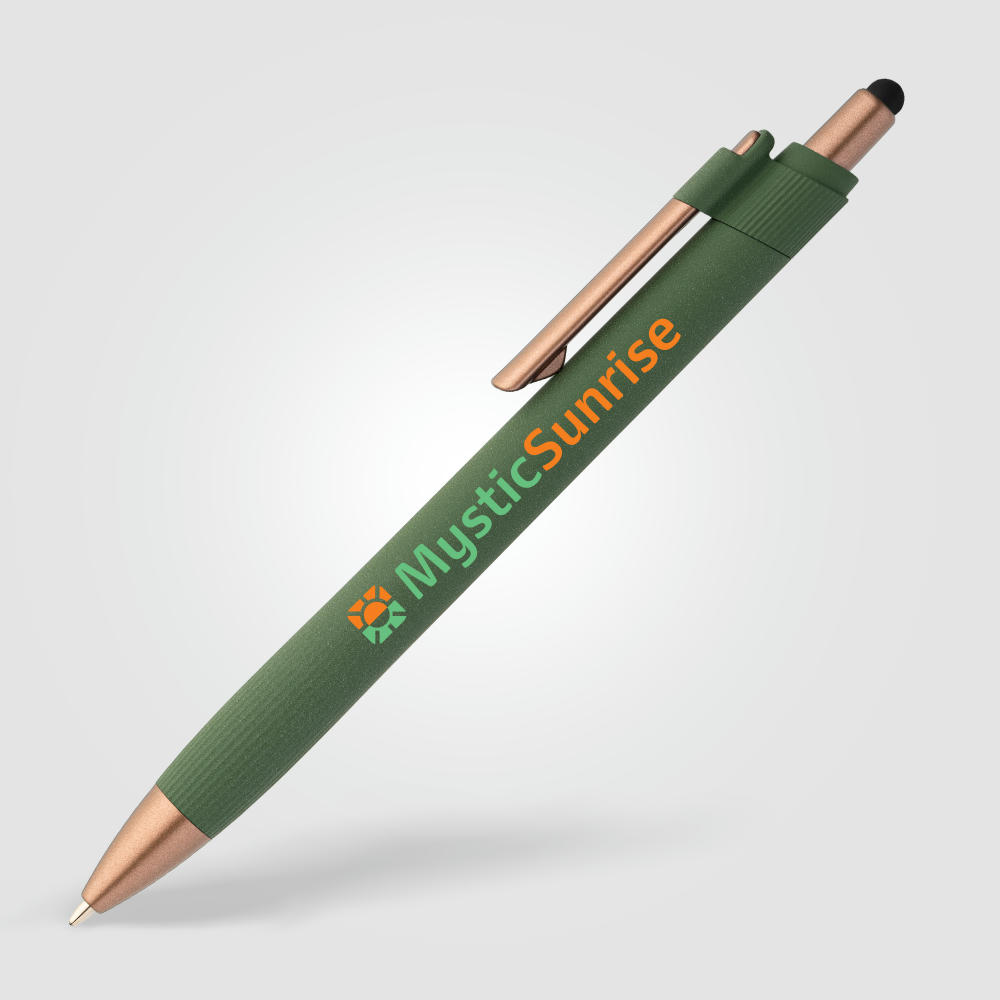 York Kugelschreiber mit bronzefarbenen Akzenten und Stylus aus recyceltem Kunststoff Werbeartikel