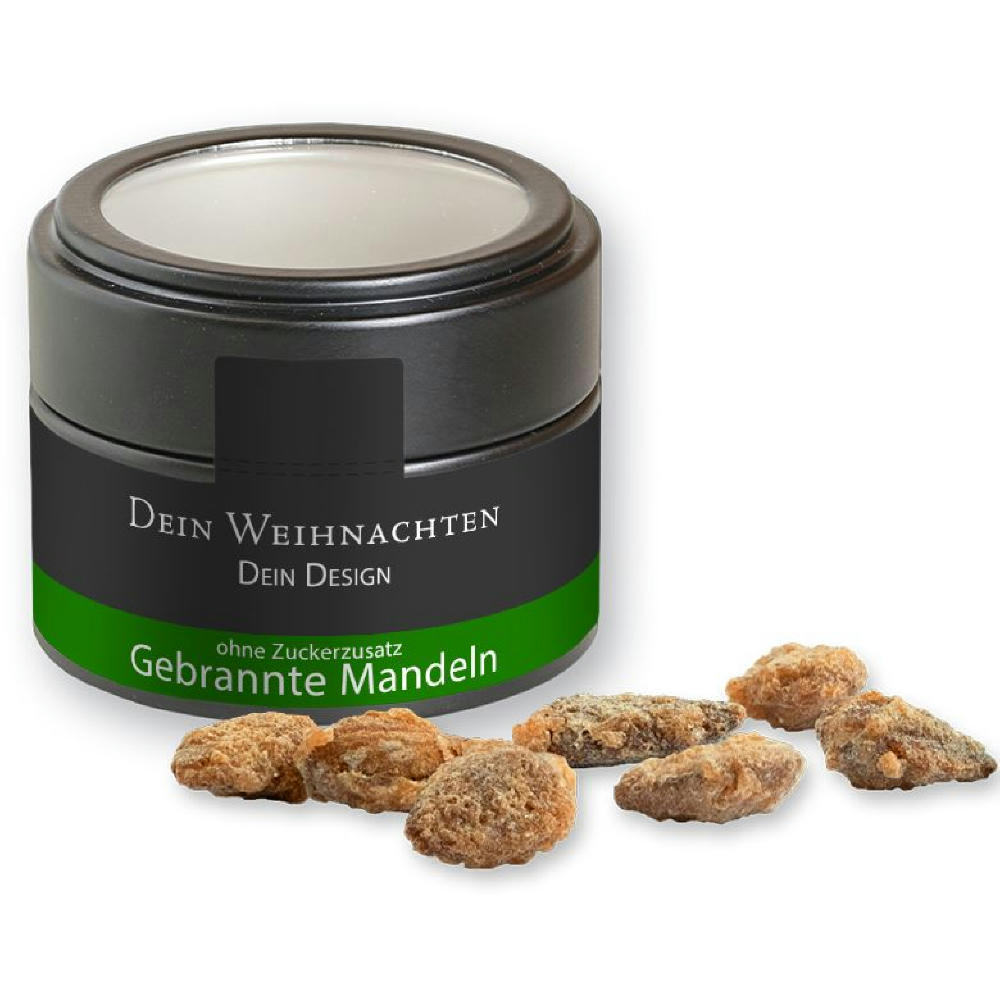 Product image Feuergebrannte Mandeln ohne Zuckerzusatz, ca. 60g, Metalldose Mini mit Sichtfenster schwarz Werbeartikel