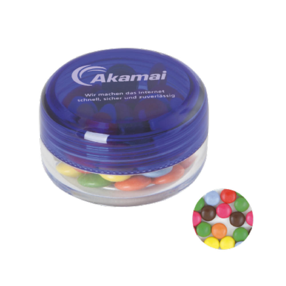 Product image Runde Plastikdose mit farbigem Deckel gefüllt mit ca. 12 gr. Schokocarletties TAMPONDRUCK Werbeartikel