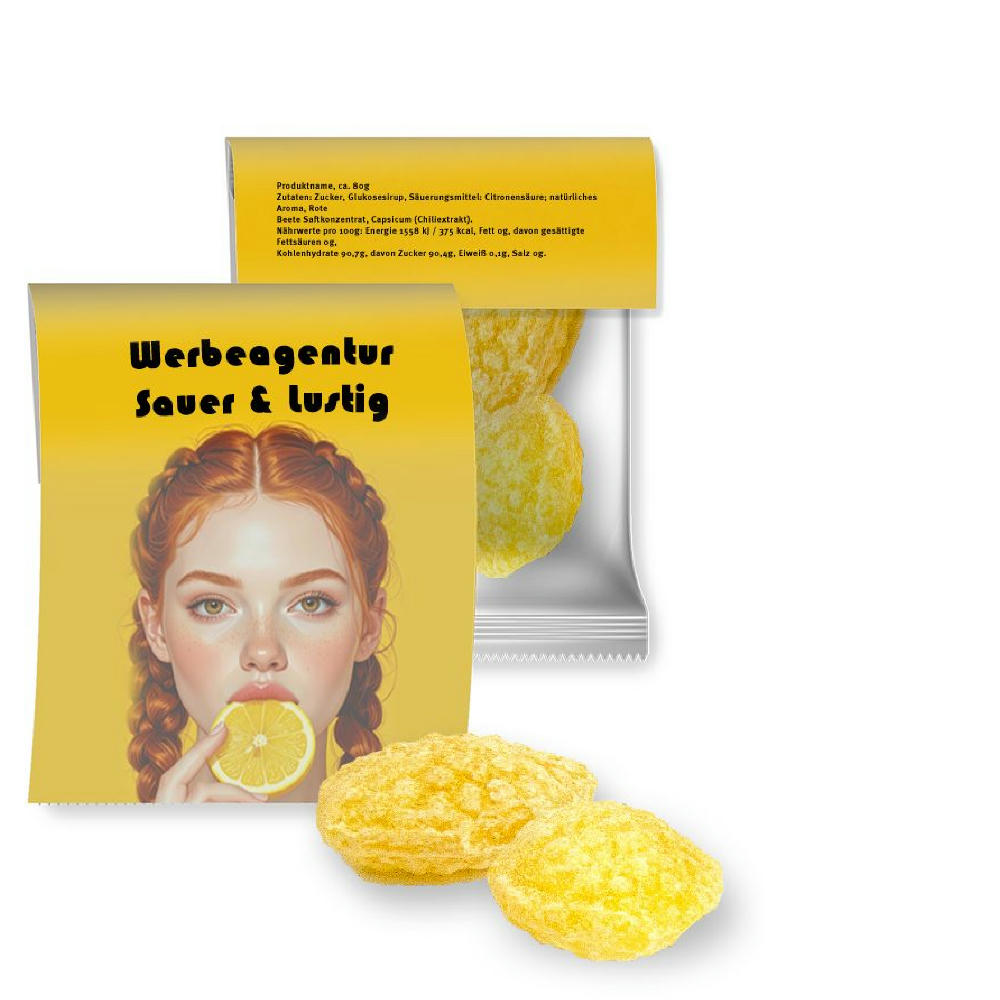 Product image Zitronenbonbons mit Vitamin D, ca. 17g, Express Midi-Tüte mit Werbereiter Werbeartikel