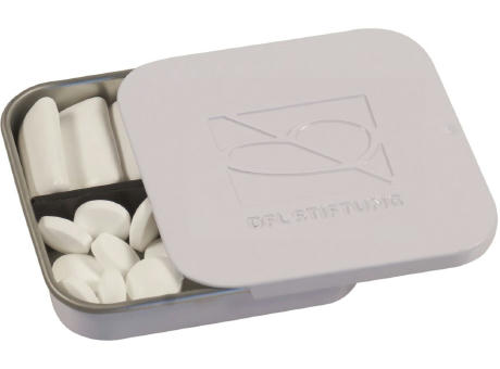 Twin Tin geprägt, weiß individuell, Inhalt: Bunte Fruchtdragees gemischt (Dose) Werbeartikel