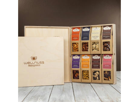 8 Premium Snacks in der Birkenholzbox Werbeartikel