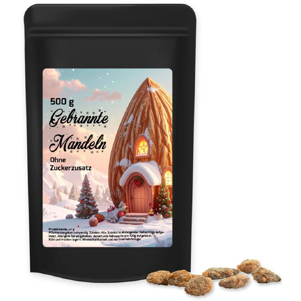 Product image Feuergebrannte Mandeln ohne Zuckerzusatz, ca. 500g, Standbeutel Maxi schwarz Werbeartikel