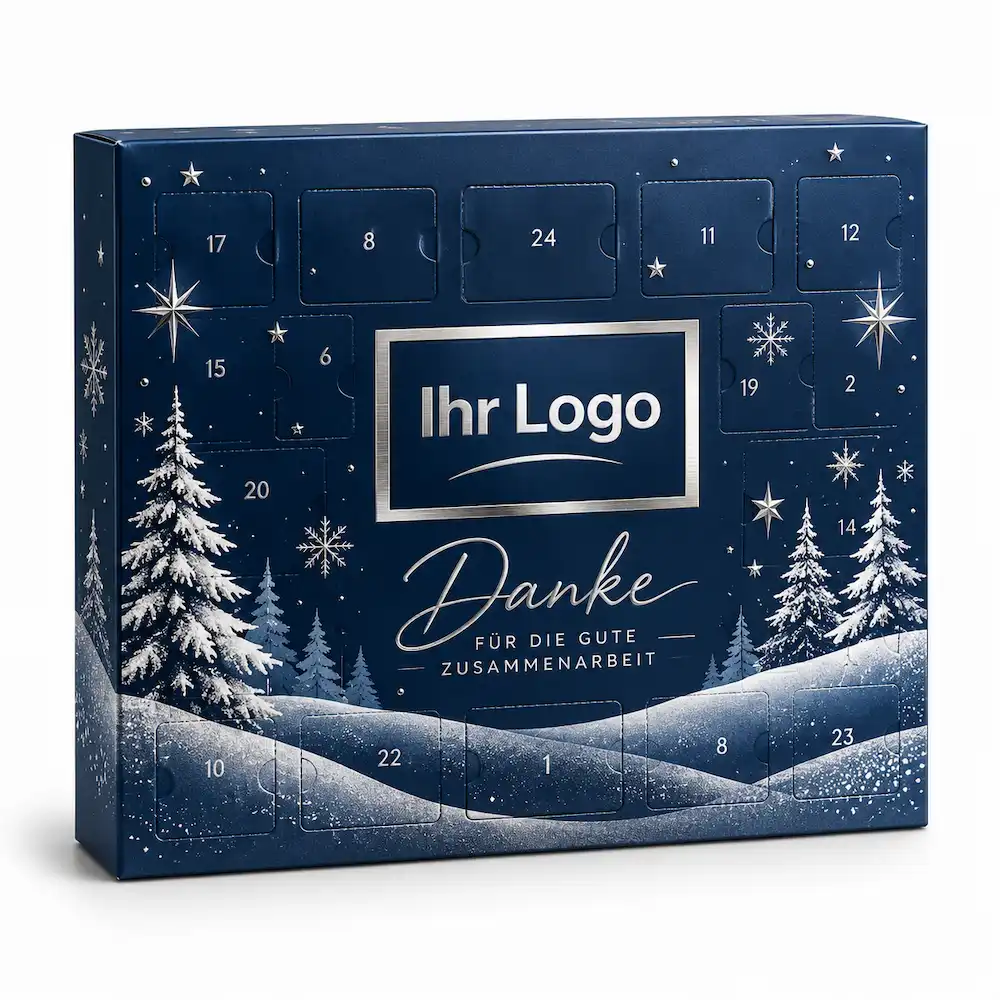 Blauer Adventskalender mit Logo, silbernen Wintermotiven und 24 Türchen – personalisiertes Weihnachtsgeschenk für Kunden und Geschäftspartner.