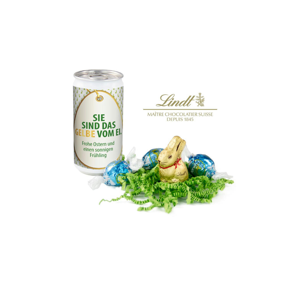 Geschenkartikel / Präsentartikel: Lindt-Oster-Überraschung, Das Nest in der Dose - Etikett Frohe Ostern - EierWiese Werbeartikel