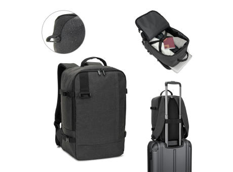 CIES. Rucksack, entwickelt um die von den Fluggesellschaften geforderten Massvorgaben zu erfüllen, aus hochdichtem, recyceltem 600D-Polyester bedrucken