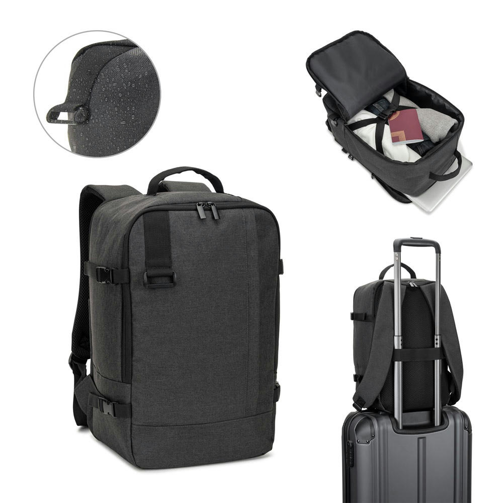Product image CIES. Rucksack, entwickelt um die von den Fluggesellschaften geforderten Massvorgaben zu erfüllen, aus hochdichtem, recyceltem 600D-Polyester Werbeartikel