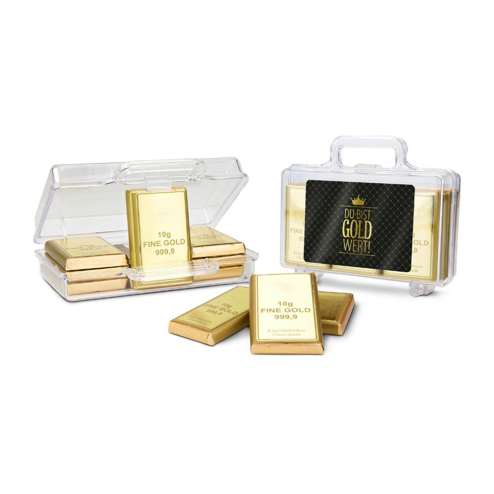 Product image Geschenkartikel / Präsentartikel: Du bist Gold wert - Goldkoffer mit 12 Goldbarren, Edelvollmilch-Schokolade (120 g) Werbeartikel