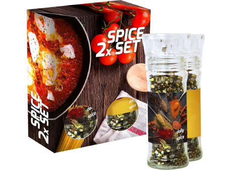 Product image verschiedene Gewürzmischungen (Kategorie 2), 70-160g, 2er Set Glas mit Kunststoffmahlwerk in Faltschachtel Werbeartikel