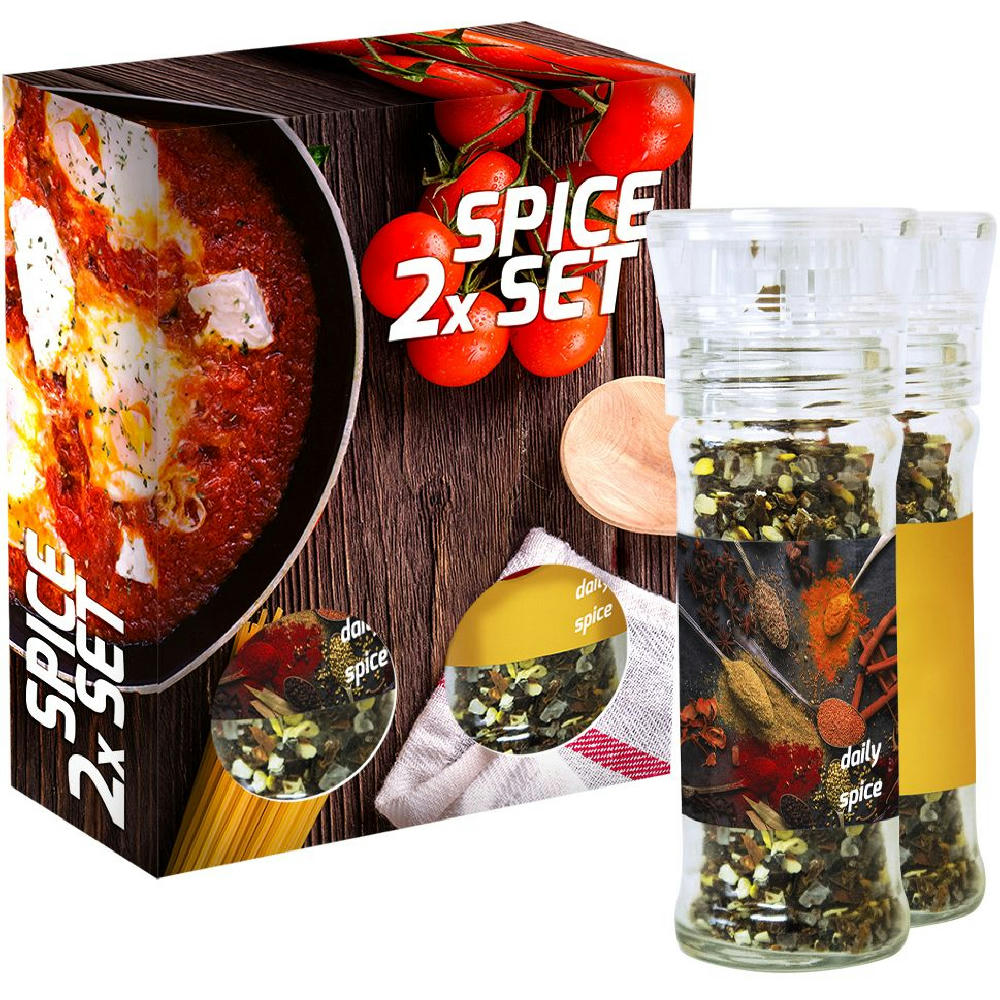 Product image verschiedene Gewürzmischungen (Kategorie 2), 70-160g, 2er Set Glas mit Kunststoffmahlwerk in Faltschachtel Werbeartikel