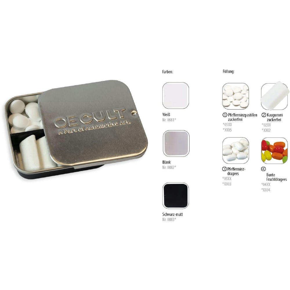 Product image Twin Tin geprägt, schwarz individuell, Inhalt: Kaugummi Dragees zuckerfrei (Dose) Werbeartikel