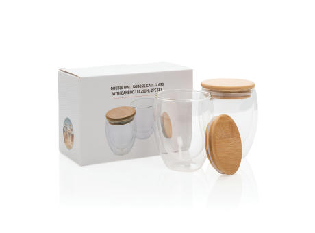2-tlg Set Borosilikatgläser mit Bambusdeckel 250ml bedrucken