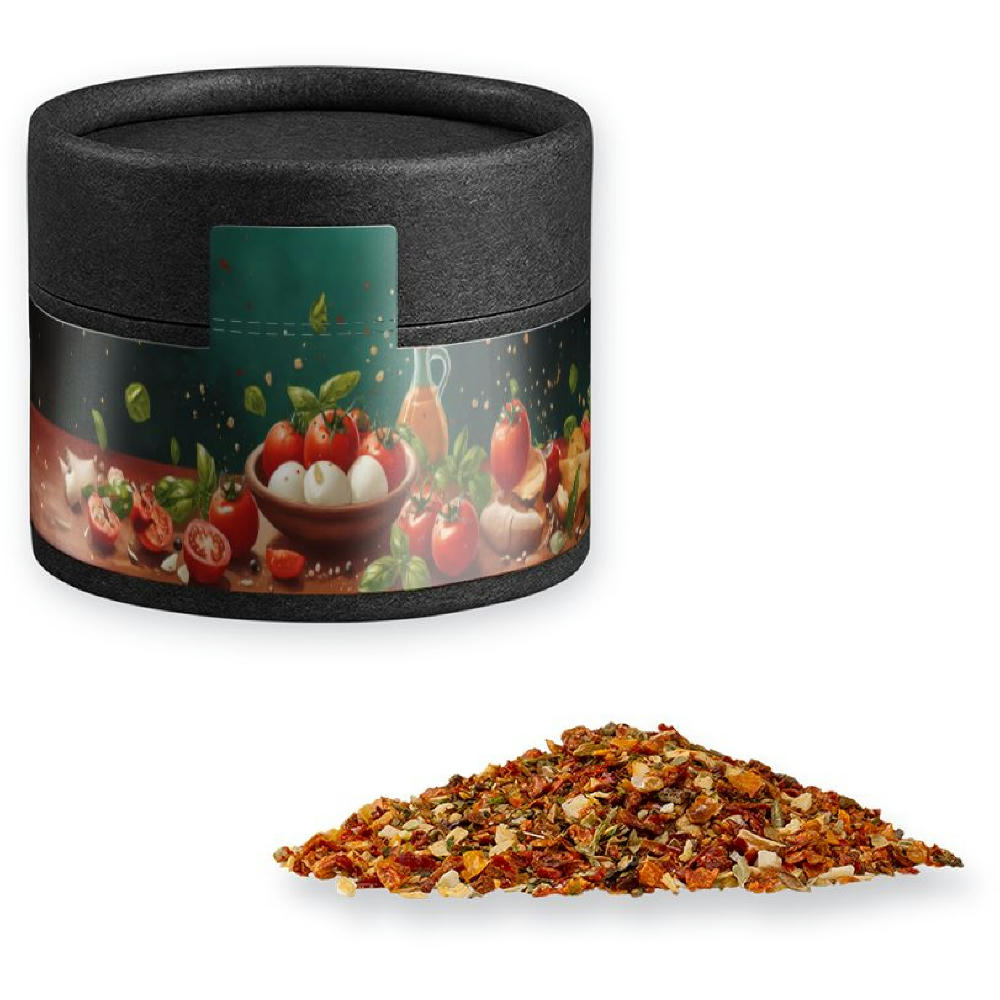 Product image Gewürzmischung Tomate-Mozzarella, ca. 28g, Kraftpapierdose Mini schwarz Werbeartikel