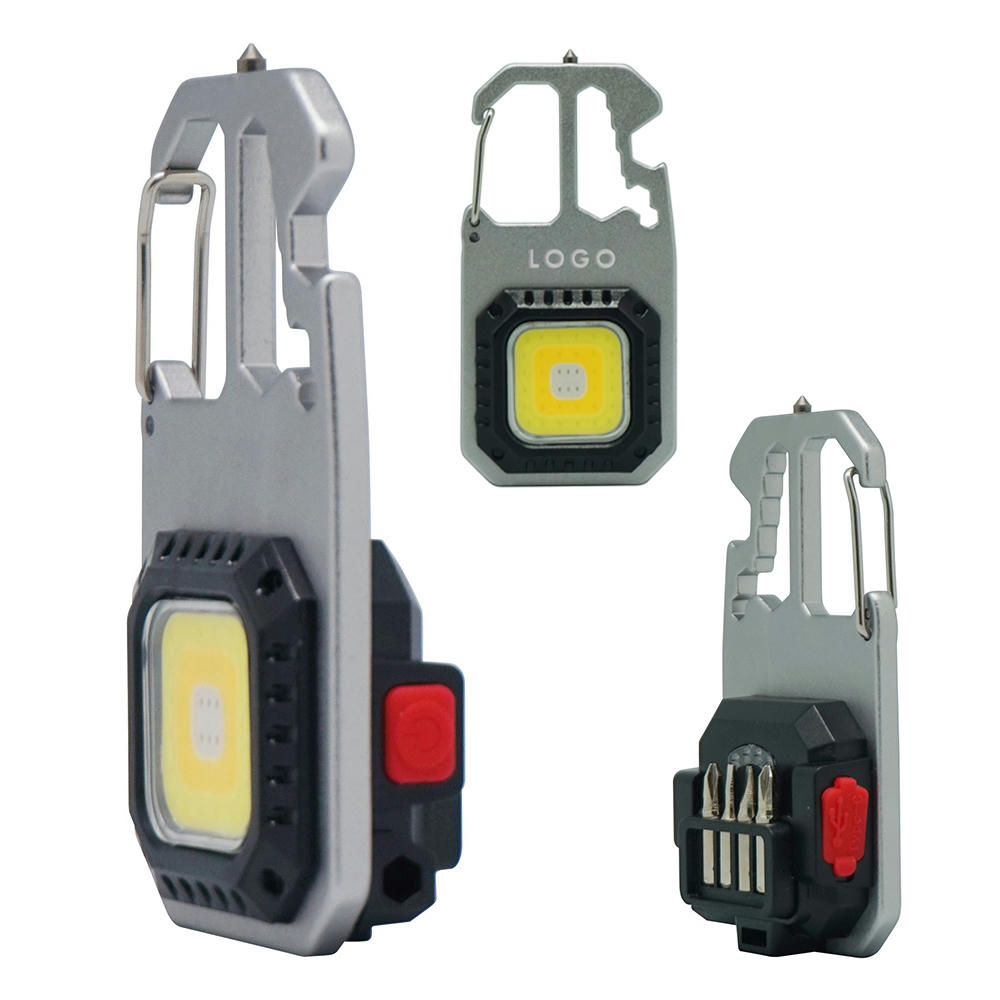 Product image Mini Worklight Tool in Silber mit COB-Leuchte, Karabiner und Bit-Set – Arbeitsleuchte als Werbeartikel