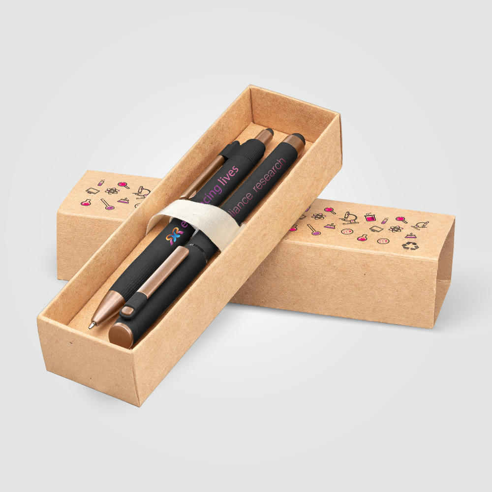 Product image York Kugelschreiber-Geschenkset mit bronzefarbenen Akzenten aus recyceltem Kunststoff inkl. verzierter Geschenkbox Werbeartikel