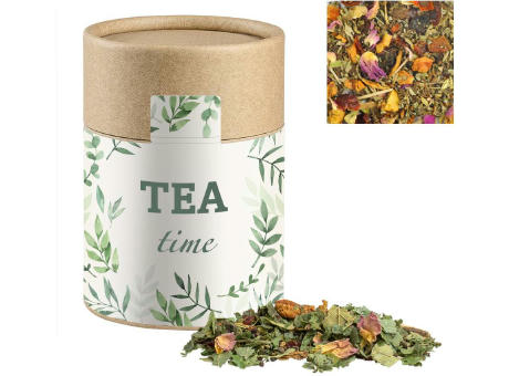 Kräutertee Glücksgefühle, ca. 35g, Kraftpapierdose Midi Werbeartikel