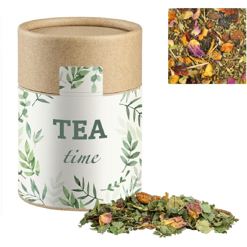 Product image Kräutertee Glücksgefühle, ca. 35g, Kraftpapierdose Midi Werbeartikel