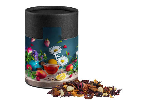 Product image Früchtetee gute Laune, ca. 50g, Kraftpapierdose Midi schwarz Werbeartikel