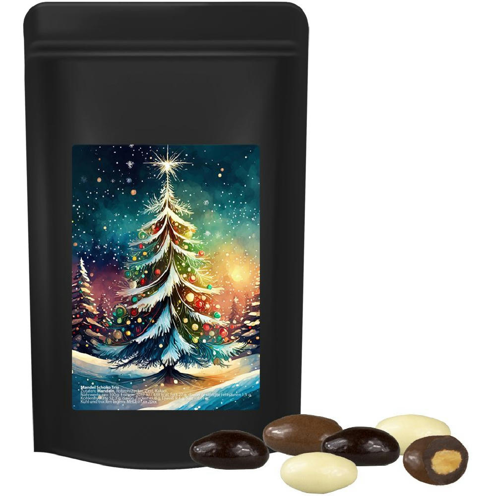Product image Mandel-Schoko-Trio, ca. 80g, Standbeutel Midi schwarz Werbeartikel
