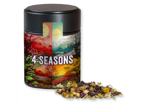 Kräutertee Vierjahreszeiten, ca. 30g, Metalldose Midi schwarz Werbeartikel