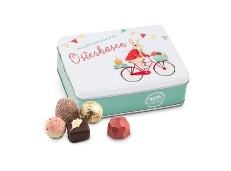 Geschenkartikel / Präsentartikel: Hasenvater auf dem Fahrrad - Pralinendose mit 125 g Werbeartikel