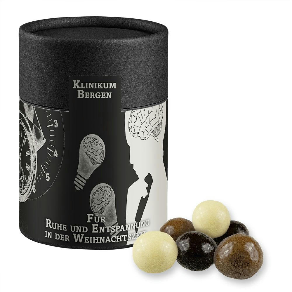 Product image Knusperkugeln-Mix, ca. 50g, Kraftpapierdose Midi schwarz Werbeartikel