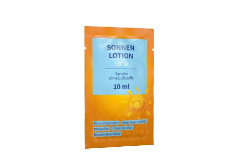 Product image 10 ml Sonnenmilch LSF 30 sensitiv (Sachet) - Soft Touch Print bedrucken