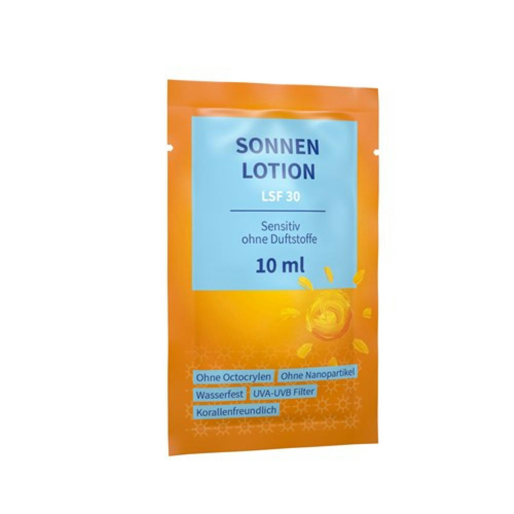 Product image 10 ml Sonnenmilch LSF 30 sensitiv (Sachet) - Soft Touch Print Werbeartikel