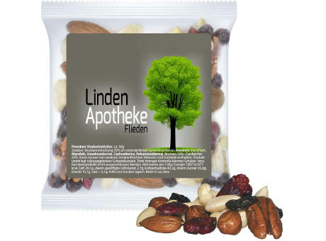 Premium Studentenfutter, ca. 30g, Express Maxi-Tüte mit Etikett Werbeartikel