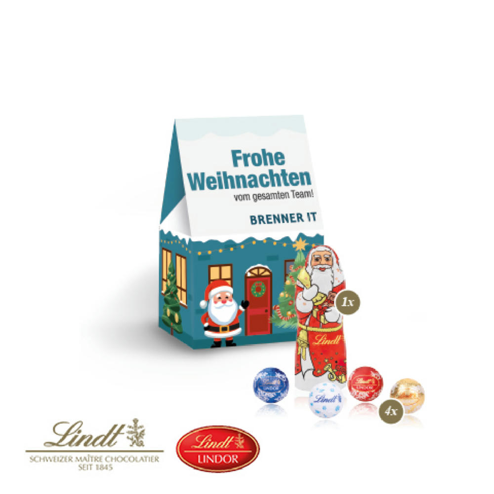 Präsent Christmas Minis Werbekartonage bedruckt mit Firmenlogo, gefüllt mit Lindt Weihnachtsmann und 4 Lindt Minis