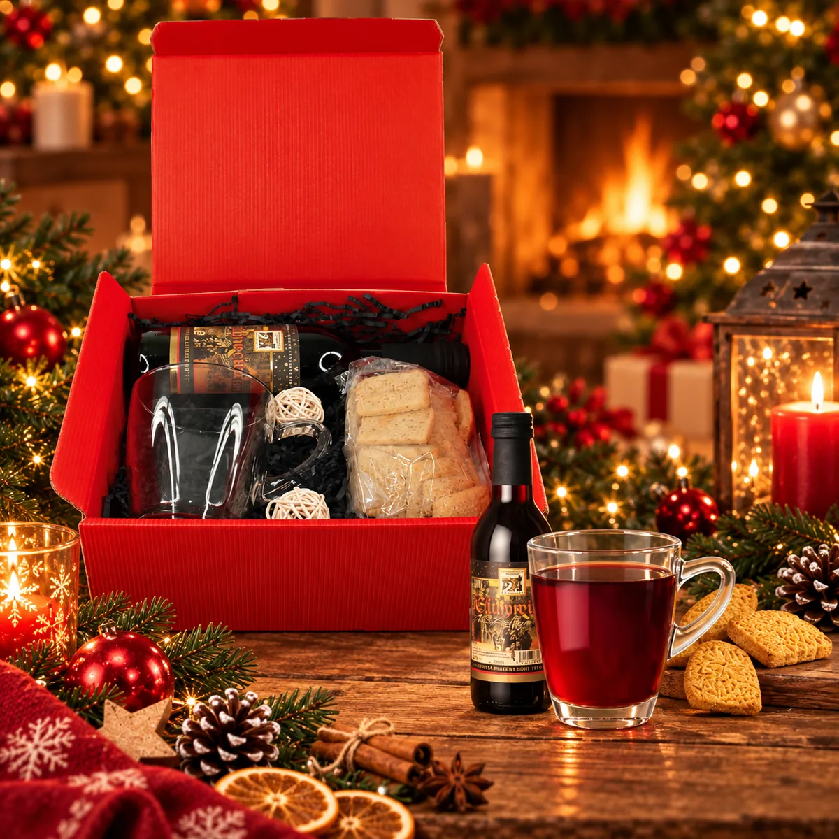 Kleines Glühwein-Set Kleines Glühwein-Geschenkset mit Glühwein, Glas und Gebäck als weihnachtliches Kundenpräsent
