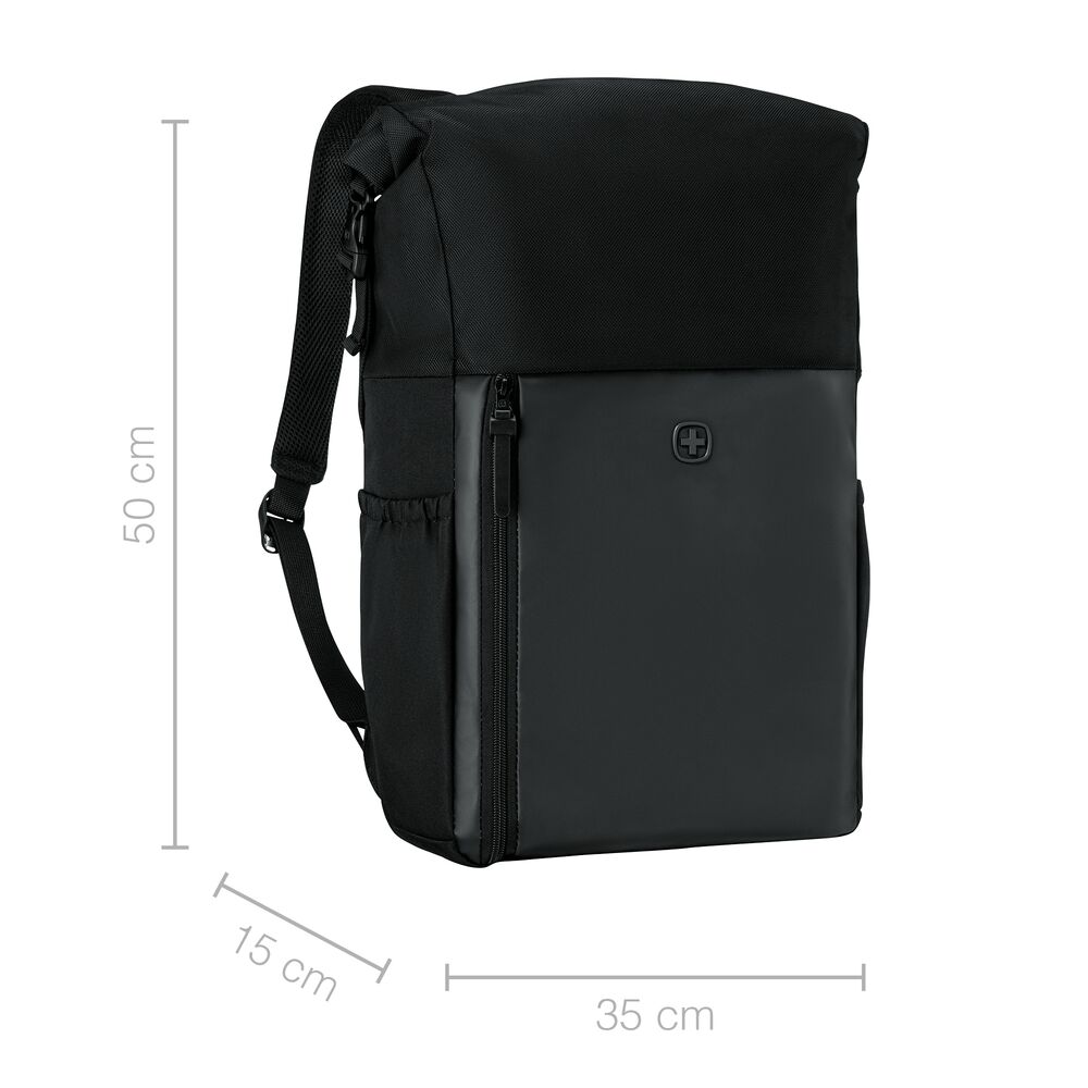 Wenger UrbanOne Roll-Top 15.6 Zoll Laptop-Rucksack Außenansicht mit Maßen – modernes Design mit Größenangaben, Werbeartikel mit Logo für Alltag und Business