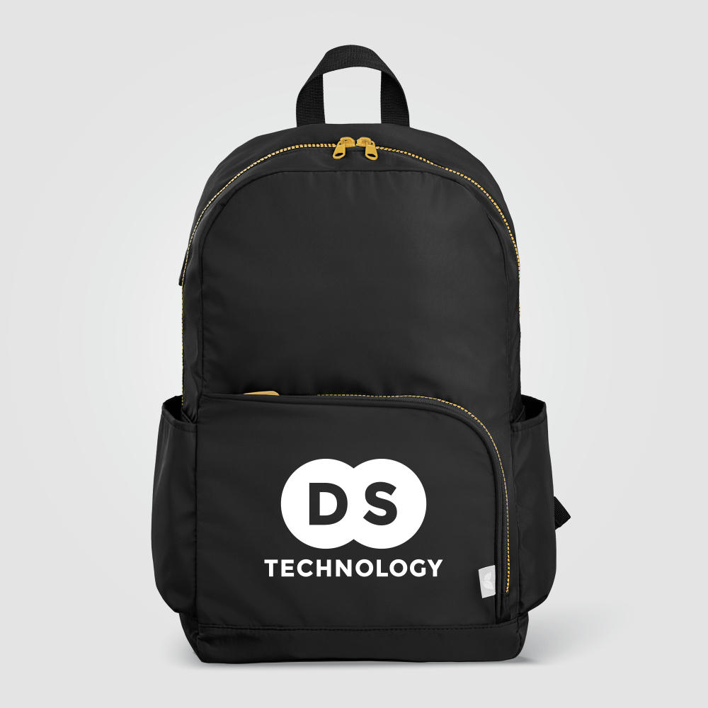 Kora Laptop-Rucksack mit zwei Fächern und goldfarbenem Reißverschluss für 15-Zoll-Laptops aus rPET – 20 L Werbeartikel