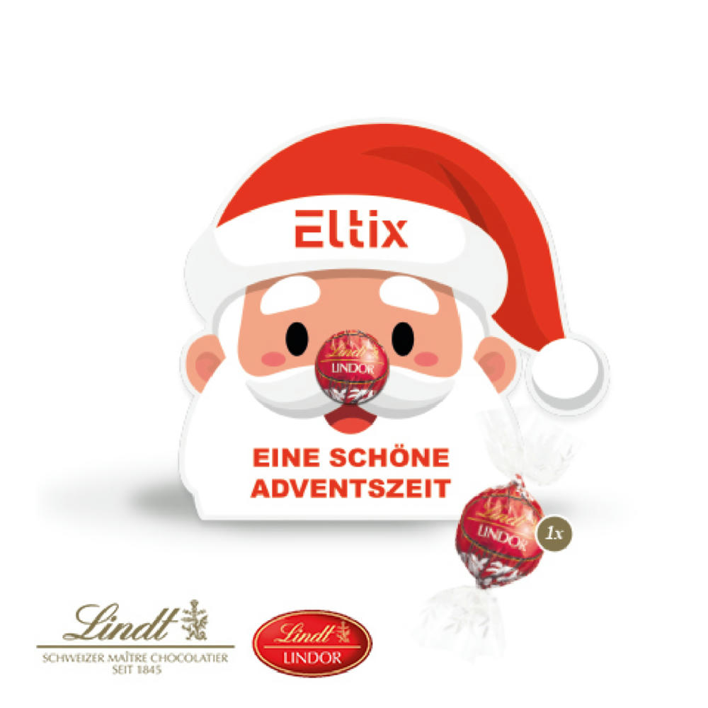 Süßer Weihnachtsmann Aufsteller mit Lindt LINDOR Kugel als rote Nase und individuell bedruckbarer FSC® Kartonverpackung als B2B Werbeartikel