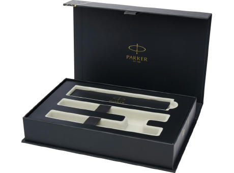 Product image Parker IM achromatisches Kugelschreiber und Tintenroller Set mit Präsentbox (schwarze/blaue Mine) Werbeartikel